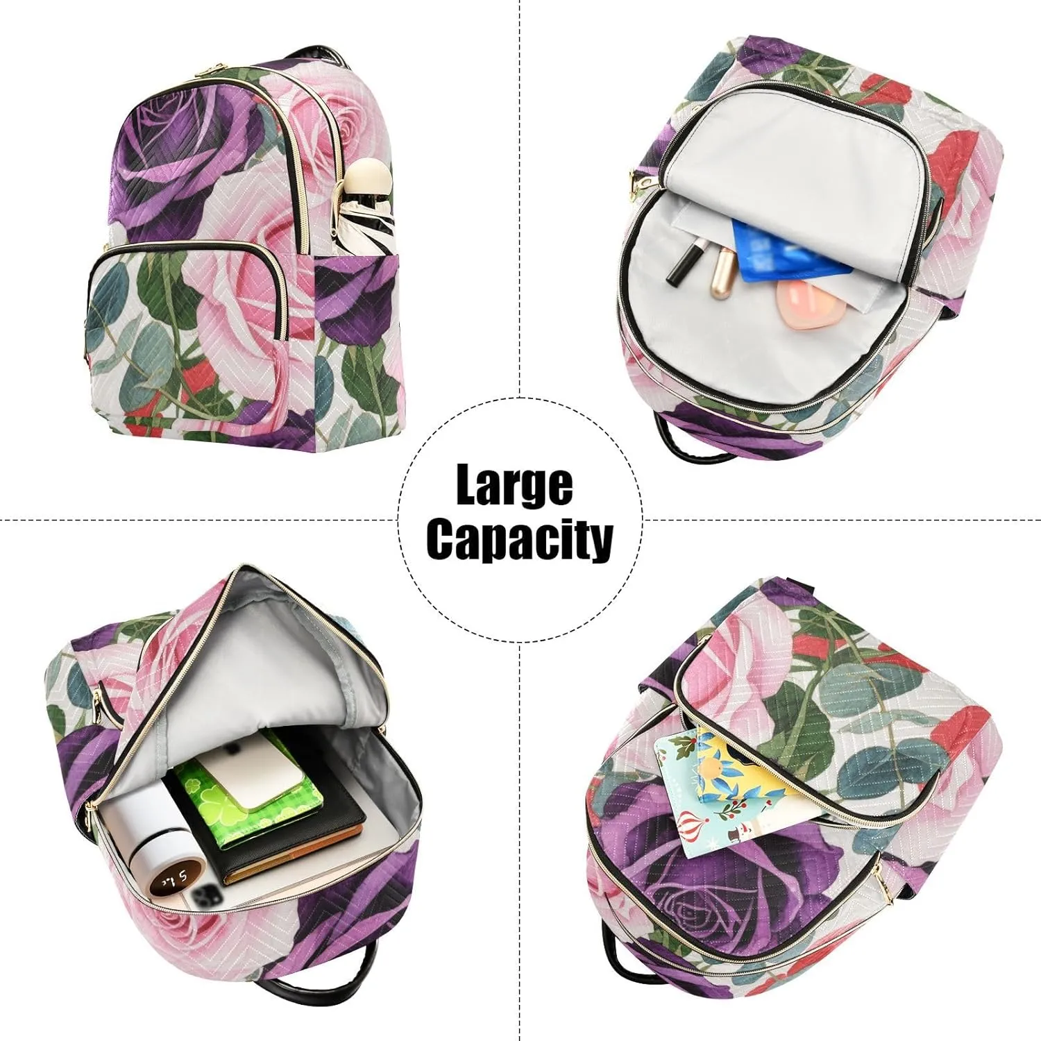 Mini Backpack Quilted Purse for Womens Small Backpack Daypack Rose Design for Travel Daily Camping,Multi1