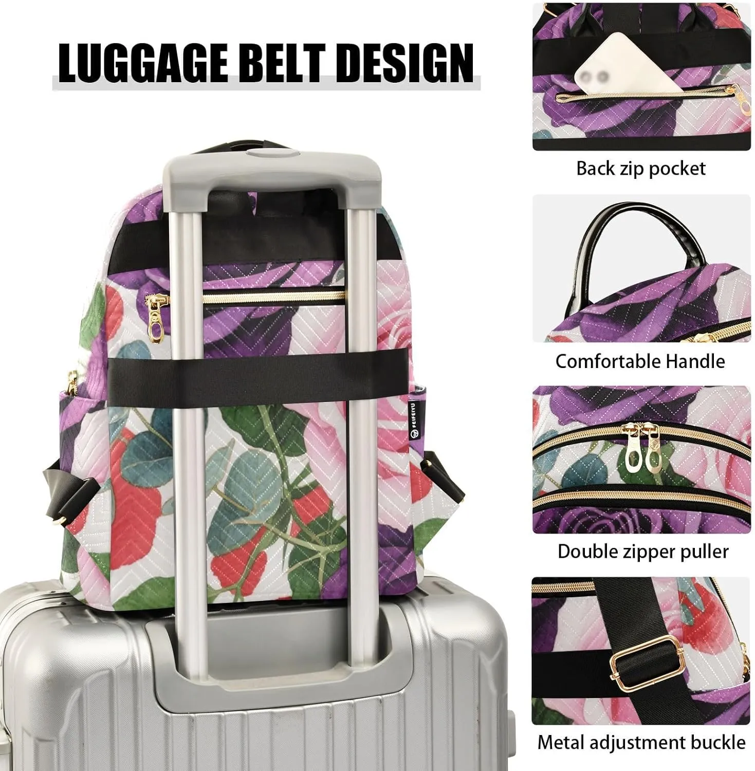 Mini Backpack Quilted Purse for Womens Small Backpack Daypack Rose Design for Travel Daily Camping,Multi1