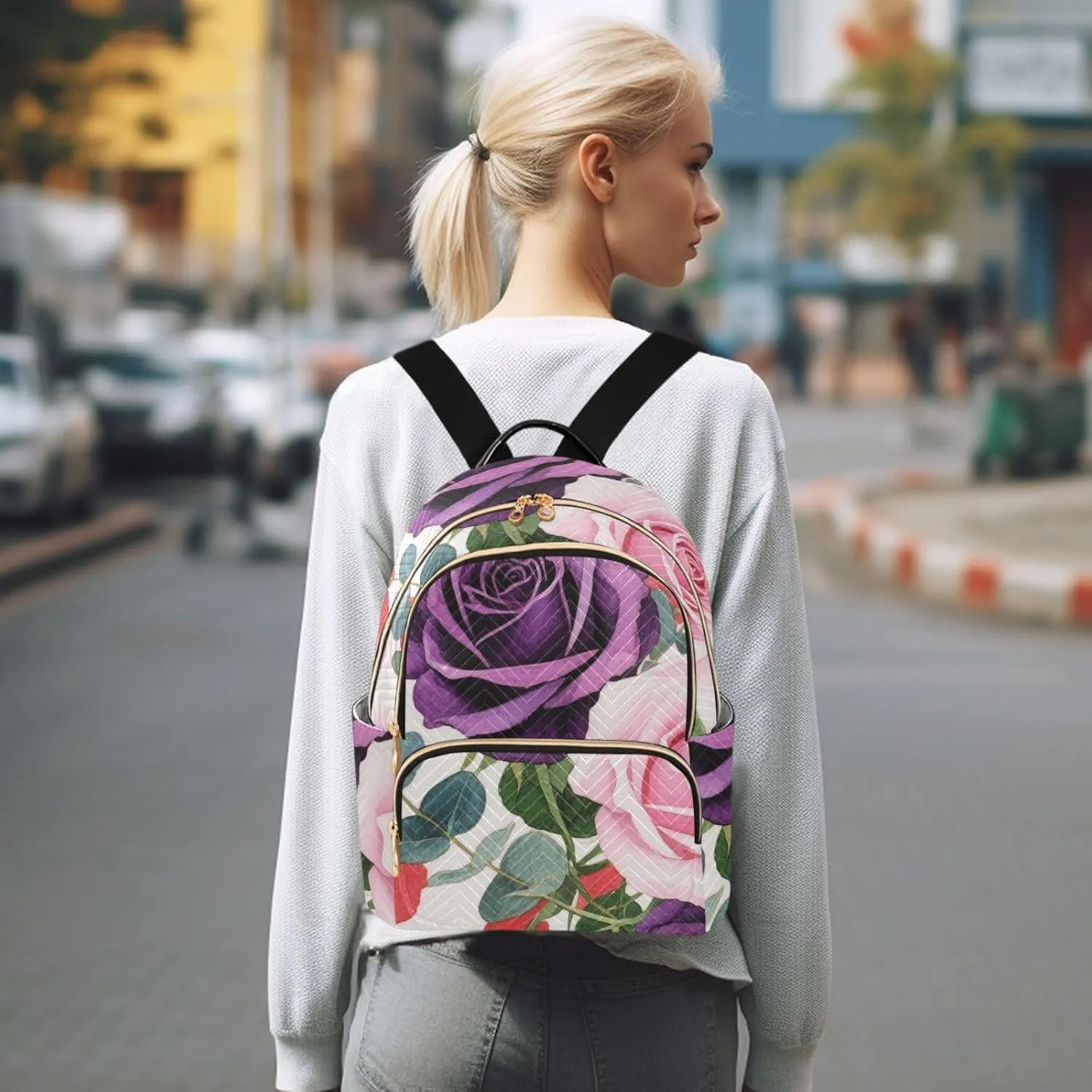 Mini Backpack Quilted Purse for Womens Small Backpack Daypack Rose Design for Travel Daily Camping,Multi1