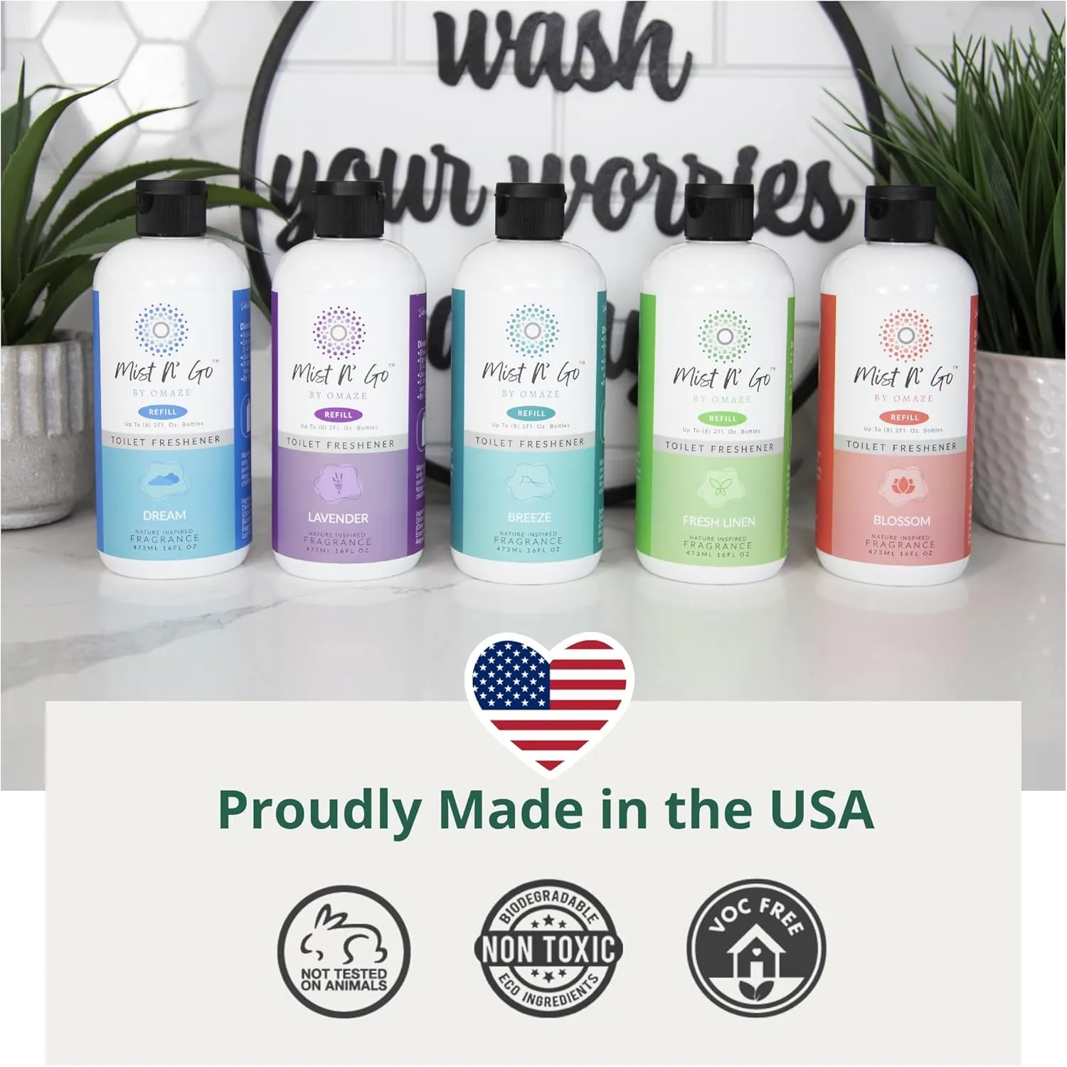 Mist N' Go by OMAZE Bathroom Odor Spray for Toilet Spray Refill Bottle - Multitasking Toilet Spray - Bathroom Spray Odor Eliminator for Strong Odors | Blossom, 16oz (1 Pack)