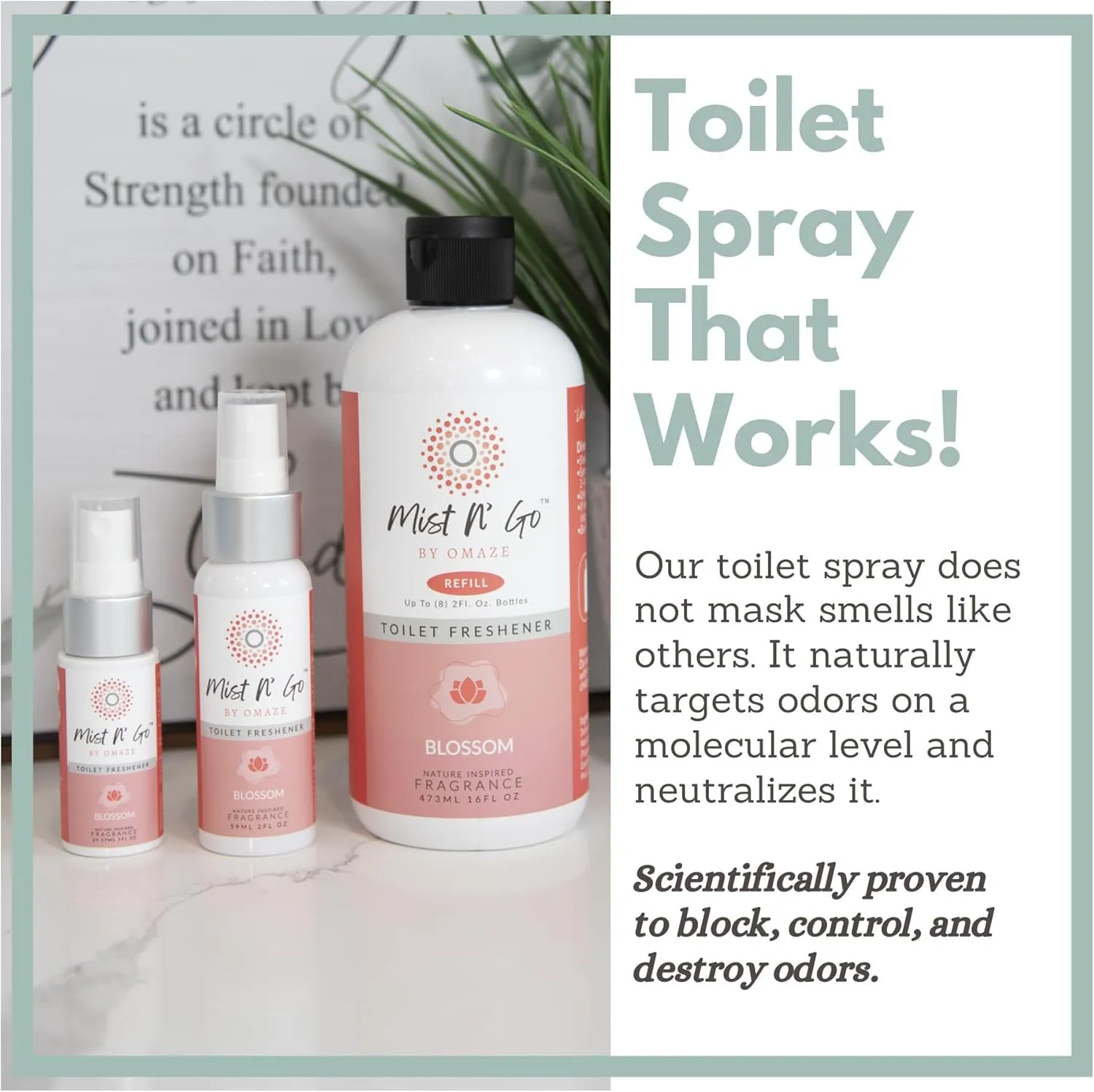 Mist N' Go by OMAZE Bathroom Odor Spray for Toilet Spray Refill Bottle - Multitasking Toilet Spray - Bathroom Spray Odor Eliminator for Strong Odors | Blossom, 16oz (1 Pack)