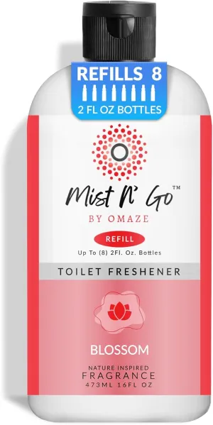Mist N' Go by OMAZE Bathroom Odor Spray for Toilet Spray Refill Bottle - Multitasking Toilet Spray - Bathroom Spray Odor Eliminator for Strong Odors | Blossom, 16oz (1 Pack)
