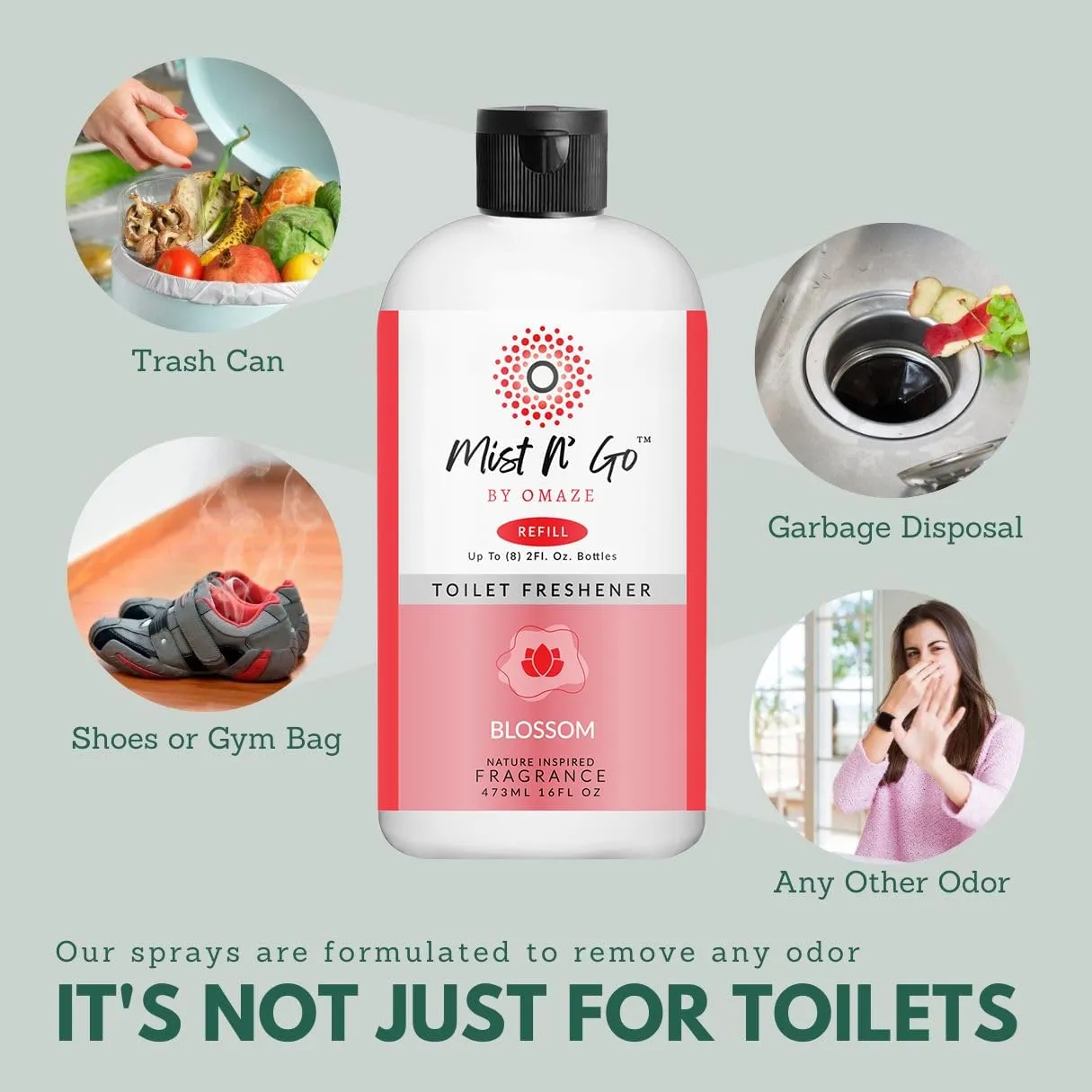 Mist N' Go by OMAZE Bathroom Odor Spray for Toilet Spray Refill Bottle - Multitasking Toilet Spray - Bathroom Spray Odor Eliminator for Strong Odors | Blossom, 16oz (1 Pack)