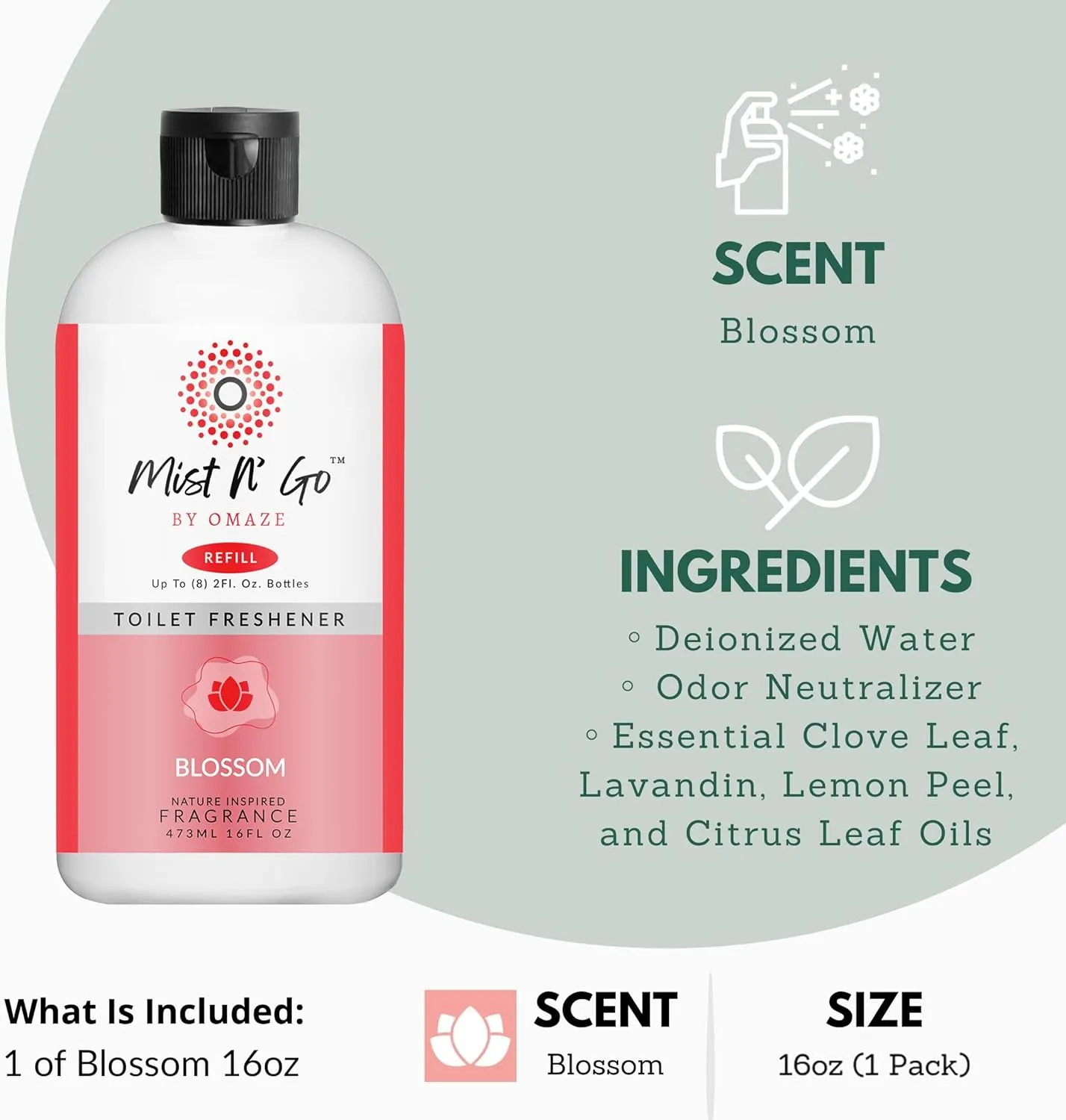 Mist N' Go by OMAZE Bathroom Odor Spray for Toilet Spray Refill Bottle - Multitasking Toilet Spray - Bathroom Spray Odor Eliminator for Strong Odors | Blossom, 16oz (1 Pack)