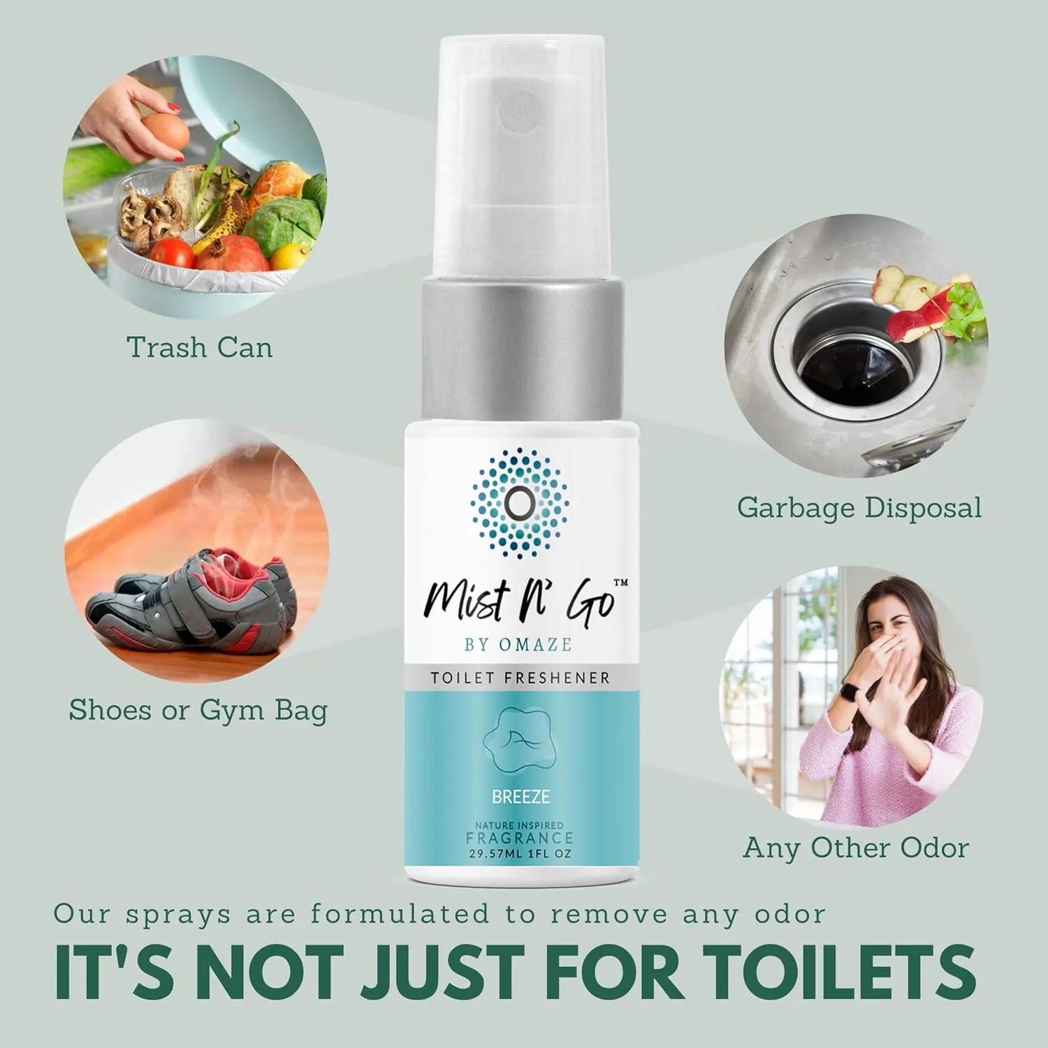 Mist N' Go by Omaze Travel Toilet Spray Odor Eliminator - Toilet Freshener for Bathroom Air Deodorizer - Clean Mix, Travel Size (3x1oz)