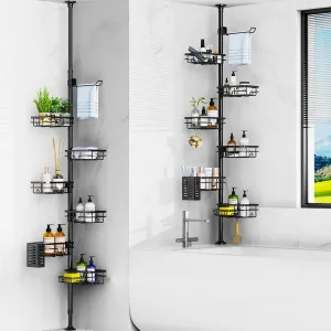 Mixoo Corner Shower Caddy Tension Pole - Adjustable 30 to 120 Inch Shower Organizer with 6 Shelves, Towel Rack, Toothbrush Holder, Soap Dish, Bathroom Corner Storage for Shower, Bathtub