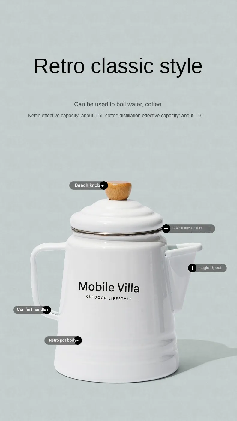 Mobi Garden Enamel Kettle Coffee Pot Portable Lightweight Cafe Maker Coffee Tea Hot and Cold Glazed Outdoor Camping Household Beach Travel Pot