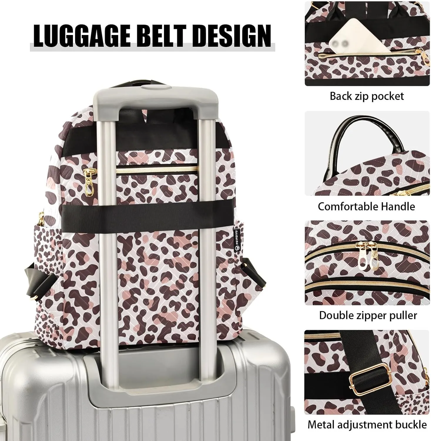 Modern Leopard Print Brownpink Campus Backpack Purse Bookbag Quilted Backpack for Women 13" Laptop Backpack Stylish Printed Rucksack with Multiple Pockets Lightweight Travel