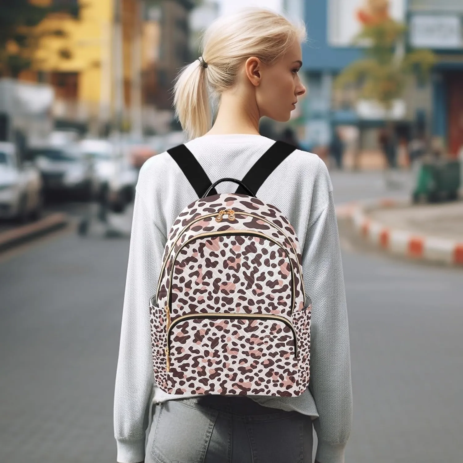 Modern Leopard Print Brownpink Campus Backpack Purse Bookbag Quilted Backpack for Women 13" Laptop Backpack Stylish Printed Rucksack with Multiple Pockets Lightweight Travel