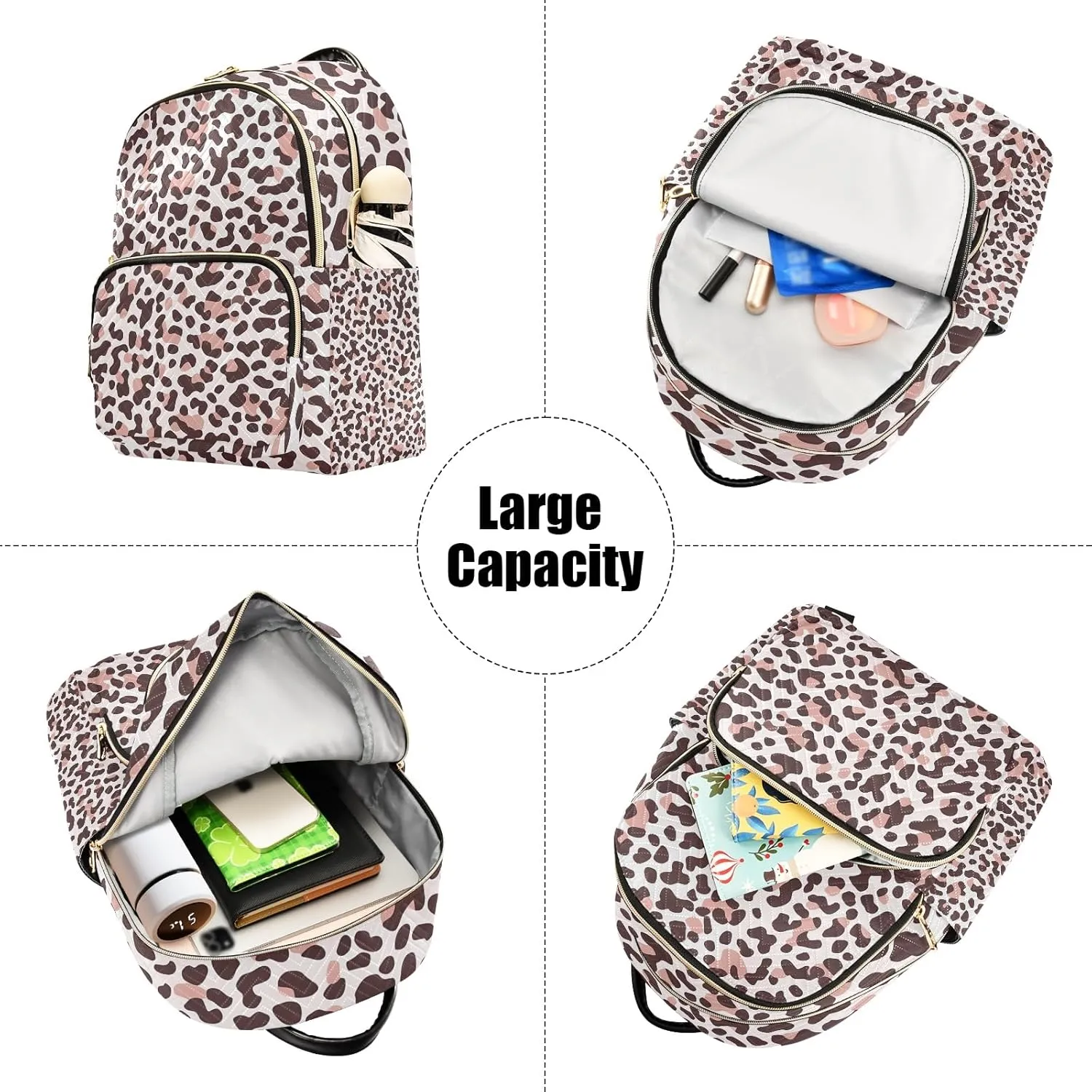 Modern Leopard Print Brownpink Campus Backpack Purse Bookbag Quilted Backpack for Women 13" Laptop Backpack Stylish Printed Rucksack with Multiple Pockets Lightweight Travel