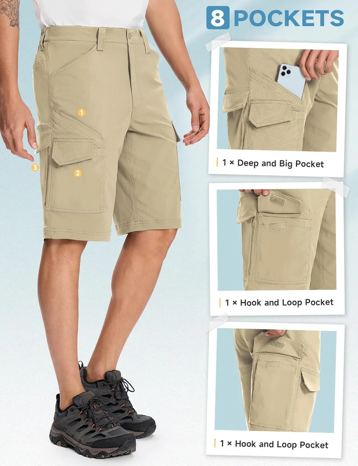 Moosehill Mens-Hiking-Shorts Cargo Lightweight Water Resistant Quick Dry Big & Tall with 8 Pockets for Tactical Work