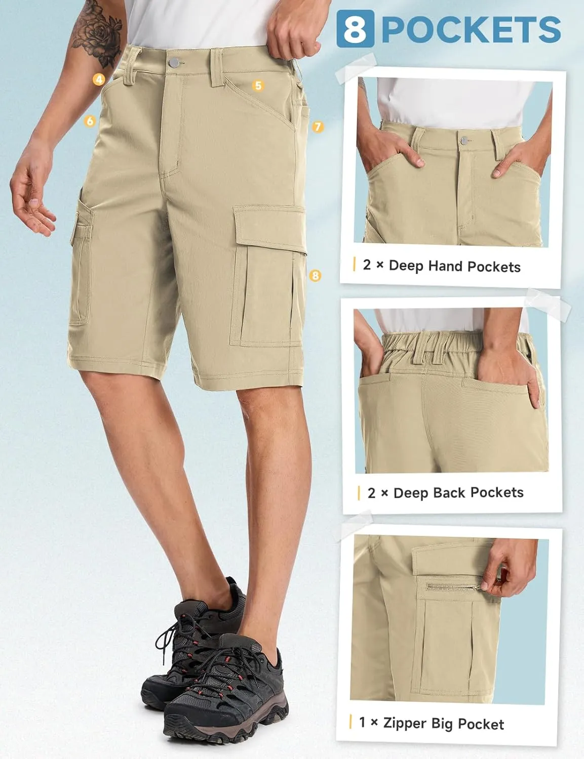 Moosehill Mens-Hiking-Shorts Cargo Lightweight Water Resistant Quick Dry Big & Tall with 8 Pockets for Tactical Work