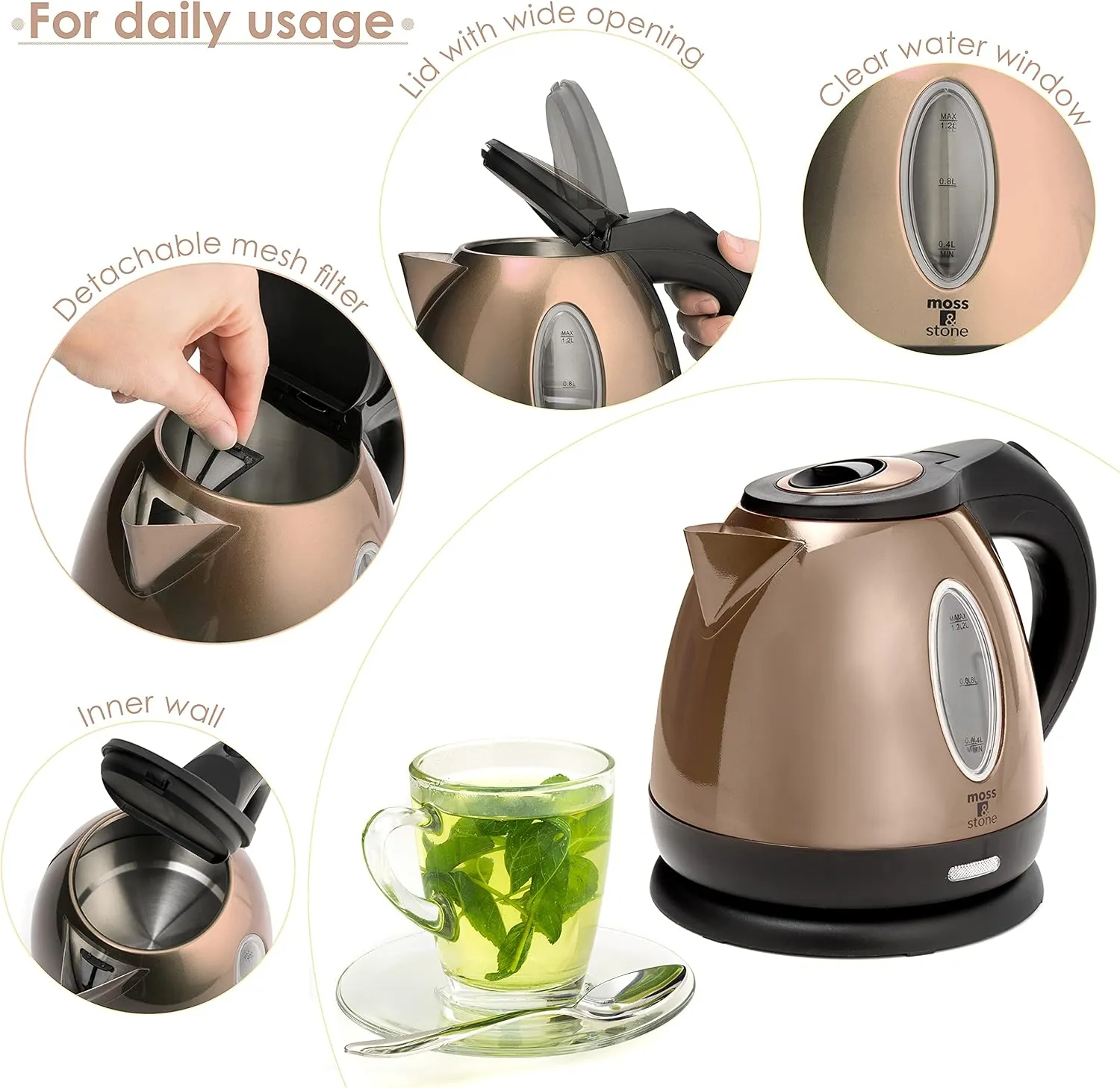 Moss & Stone Stainless Steel Electric Kettle, Cordless Pot 1.2L Portable Electric Hot Water Kettle,1500w Strong Fast Boiling Pot, Water Boiler, Electric Tea Kettle With Boil Dry Protection (Champagne)