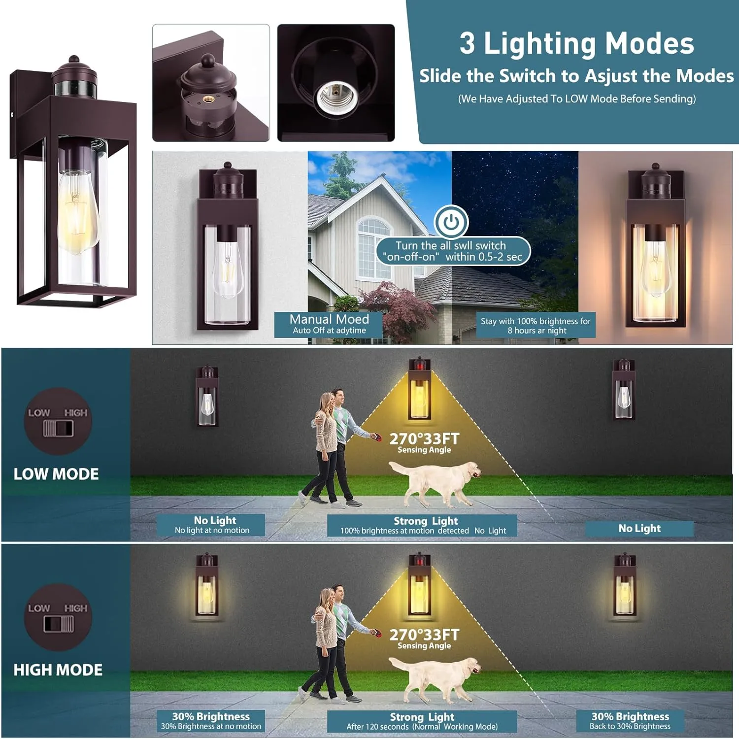 Motion Sensor Outdoor Wall Lanterns, Dusk to Dawn Sconce Exterior Light Fixture, 3 Lighting Modes Porch Lights, Waterproof Outside Wall Sconces for House Garage Patio