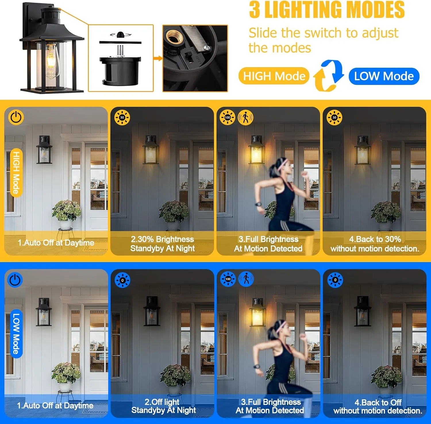 Motion Sensor Outdoor Wall Light,Dusk to Dawn Porch Light Fixture,Modern Exterior Light Fixture, Anti-Rust Outdoor Lantern for Front House,Black Wall Sconce Lanterns with Water Glass.