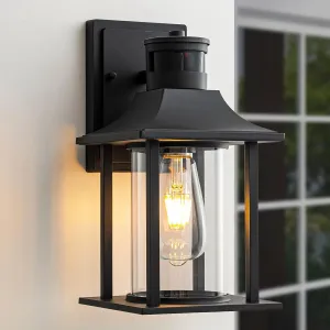 Motion Sensor Outdoor Wall Light,Dusk to Dawn Porch Light Fixture,Modern Exterior Light Fixture, Anti-Rust Outdoor Lantern for Front House,Black Wall Sconce Lanterns with Water Glass.