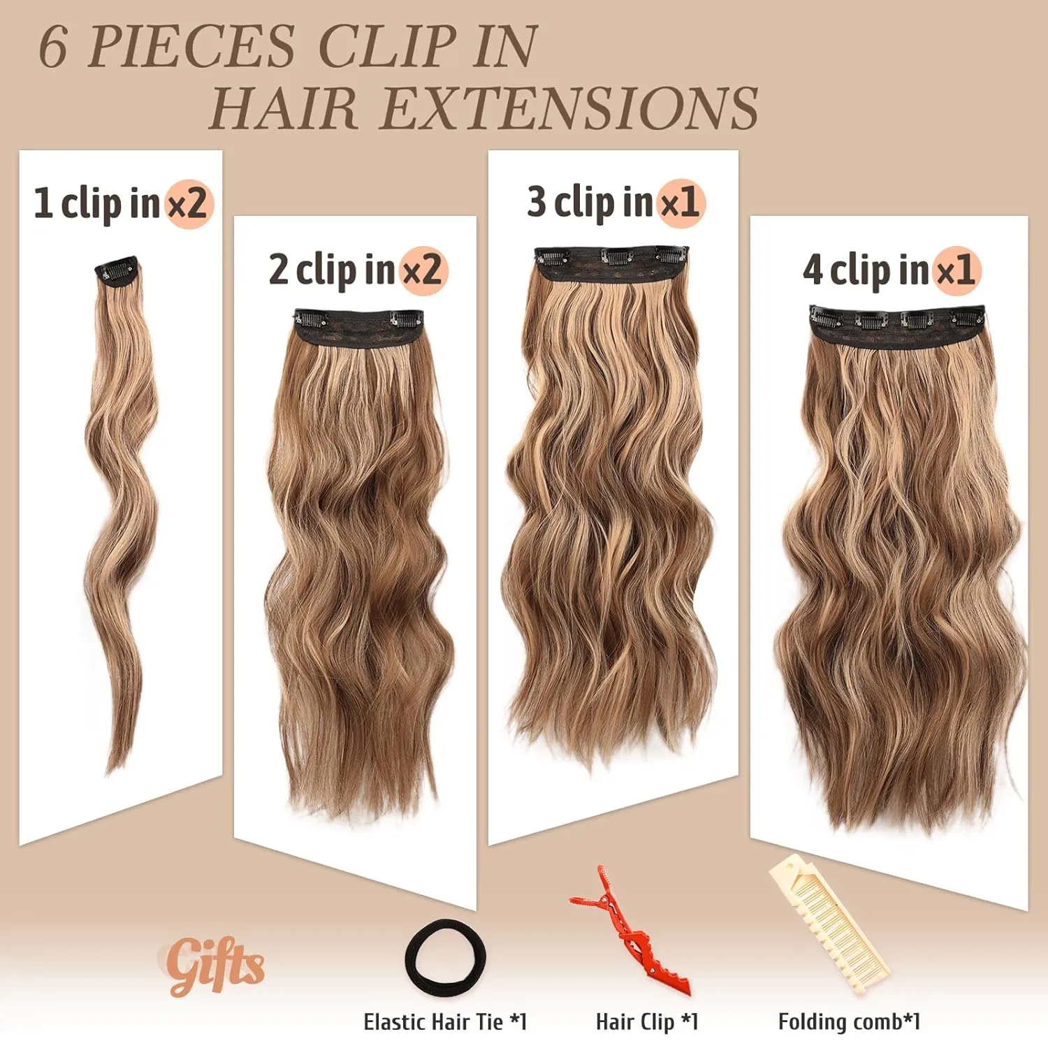 NAYOO Clip in Hair Extensions for Women 20 Inch Long Wavy Curly Brown Mix Blonde Hairpieces Full Head Synthetic Hairpieces (6PCS, Brown Mix Blonde)