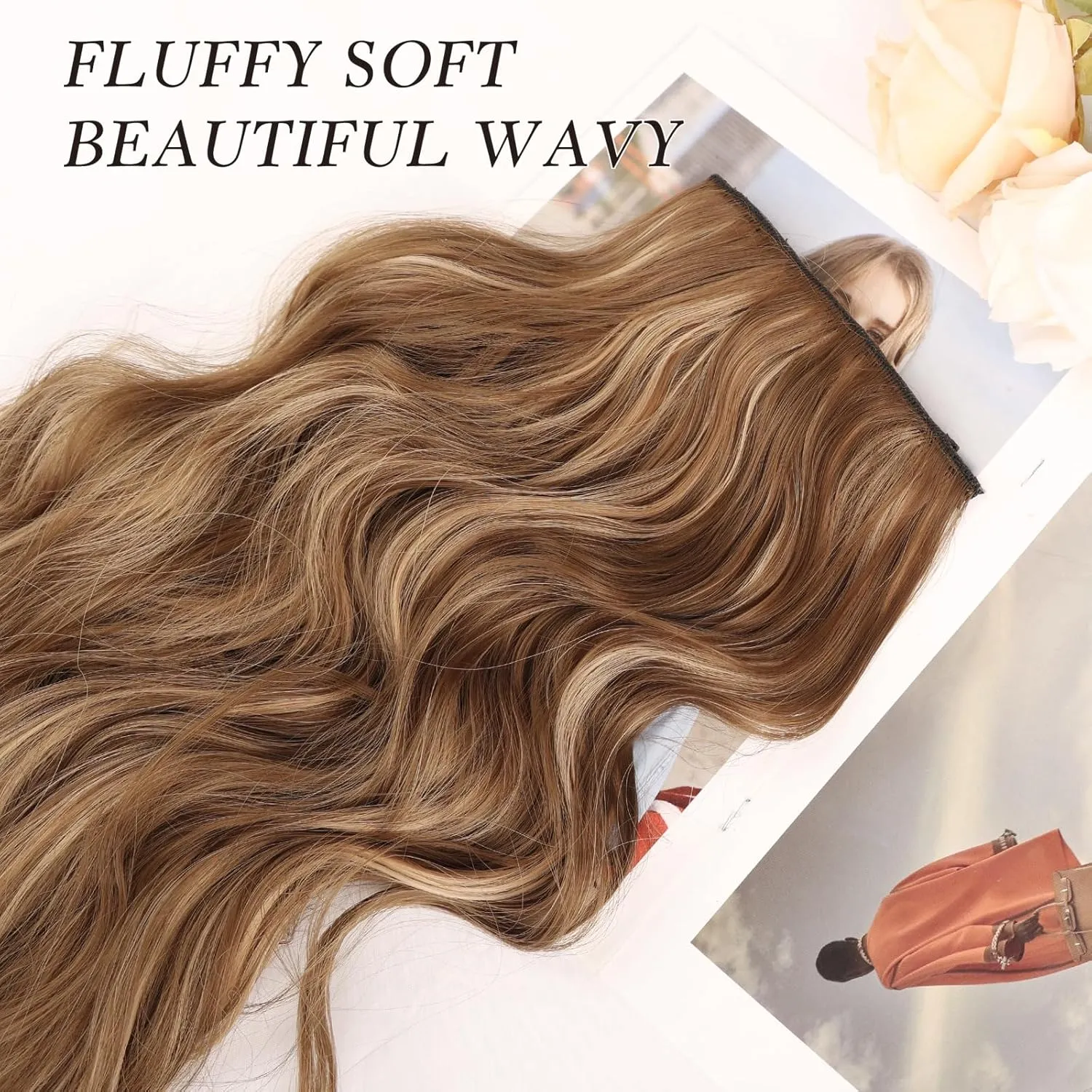 NAYOO Clip in Hair Extensions for Women 20 Inch Long Wavy Curly Brown Mix Blonde Hairpieces Full Head Synthetic Hairpieces (6PCS, Brown Mix Blonde)