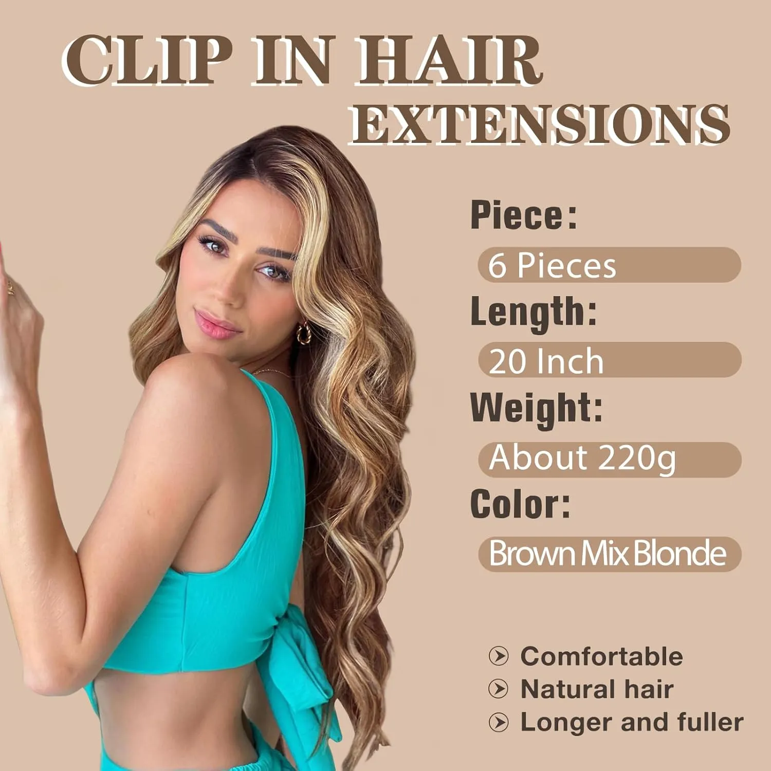 NAYOO Clip in Hair Extensions for Women 20 Inch Long Wavy Curly Brown Mix Blonde Hairpieces Full Head Synthetic Hairpieces (6PCS, Brown Mix Blonde)