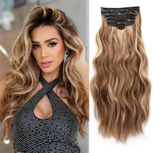 NAYOO Clip in Hair Extensions for Women 20 Inch Long Wavy Curly Brown Mix Blonde Hairpieces Full Head Synthetic Hairpieces (6PCS, Brown Mix Blonde)
