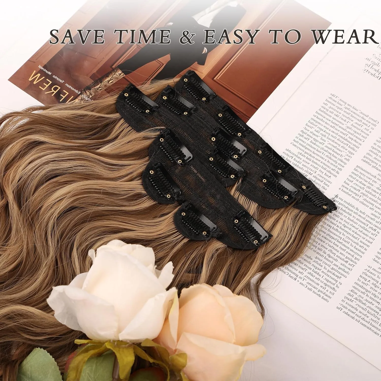 NAYOO Clip in Hair Extensions for Women 20 Inch Long Wavy Curly Brown Mix Blonde Hairpieces Full Head Synthetic Hairpieces (6PCS, Brown Mix Blonde)