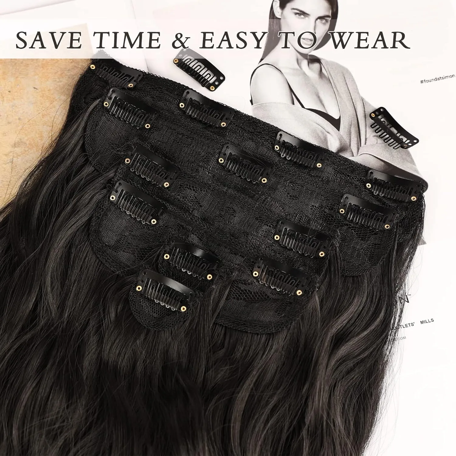 NAYOO Clip in Hair Extensions for Women 20 Inch Long Wavy Curly Natural Black Hairpieces Full Head Synthetic Hair Hairpieces(6PCS,Natural Black)