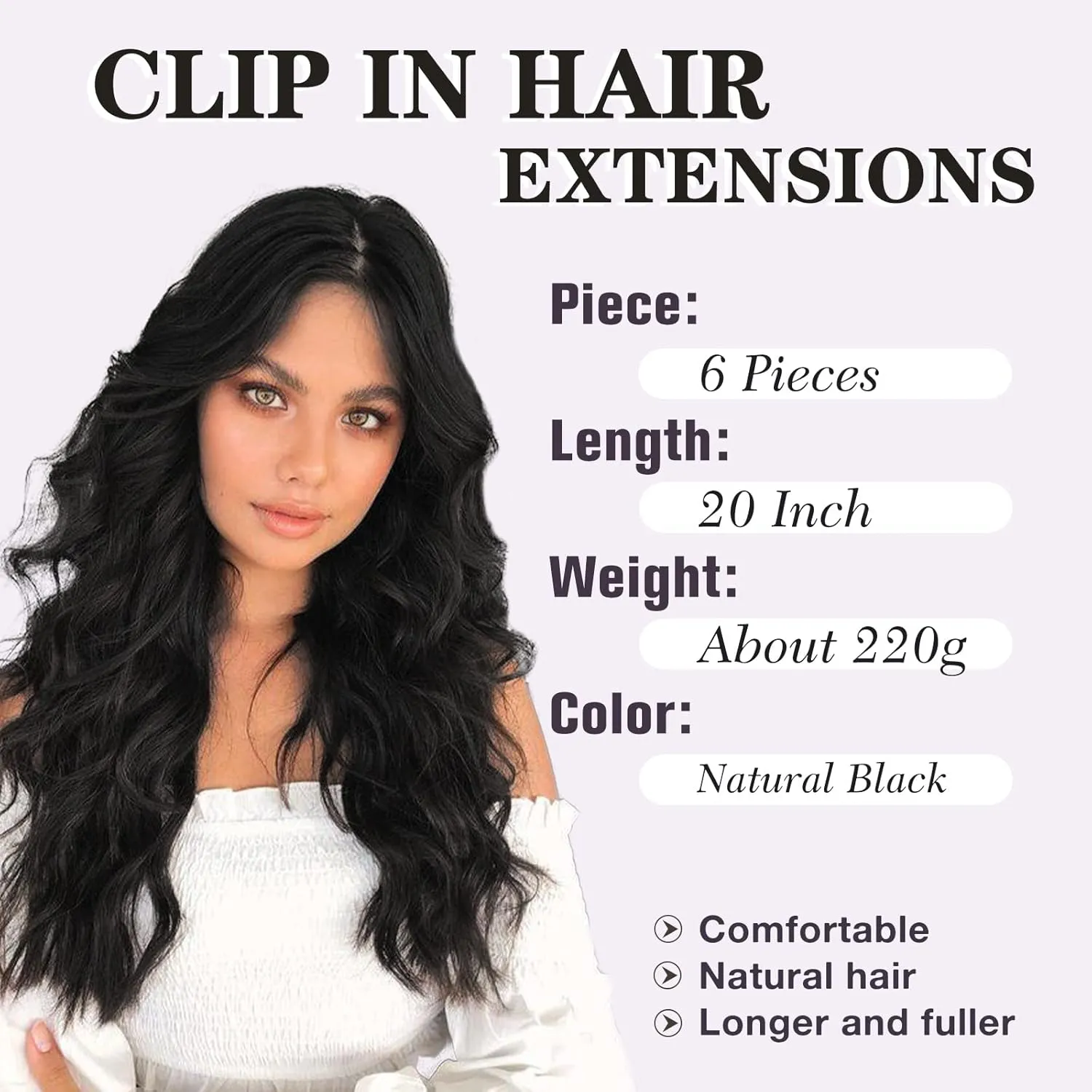 NAYOO Clip in Hair Extensions for Women 20 Inch Long Wavy Curly Natural Black Hairpieces Full Head Synthetic Hair Hairpieces(6PCS,Natural Black)
