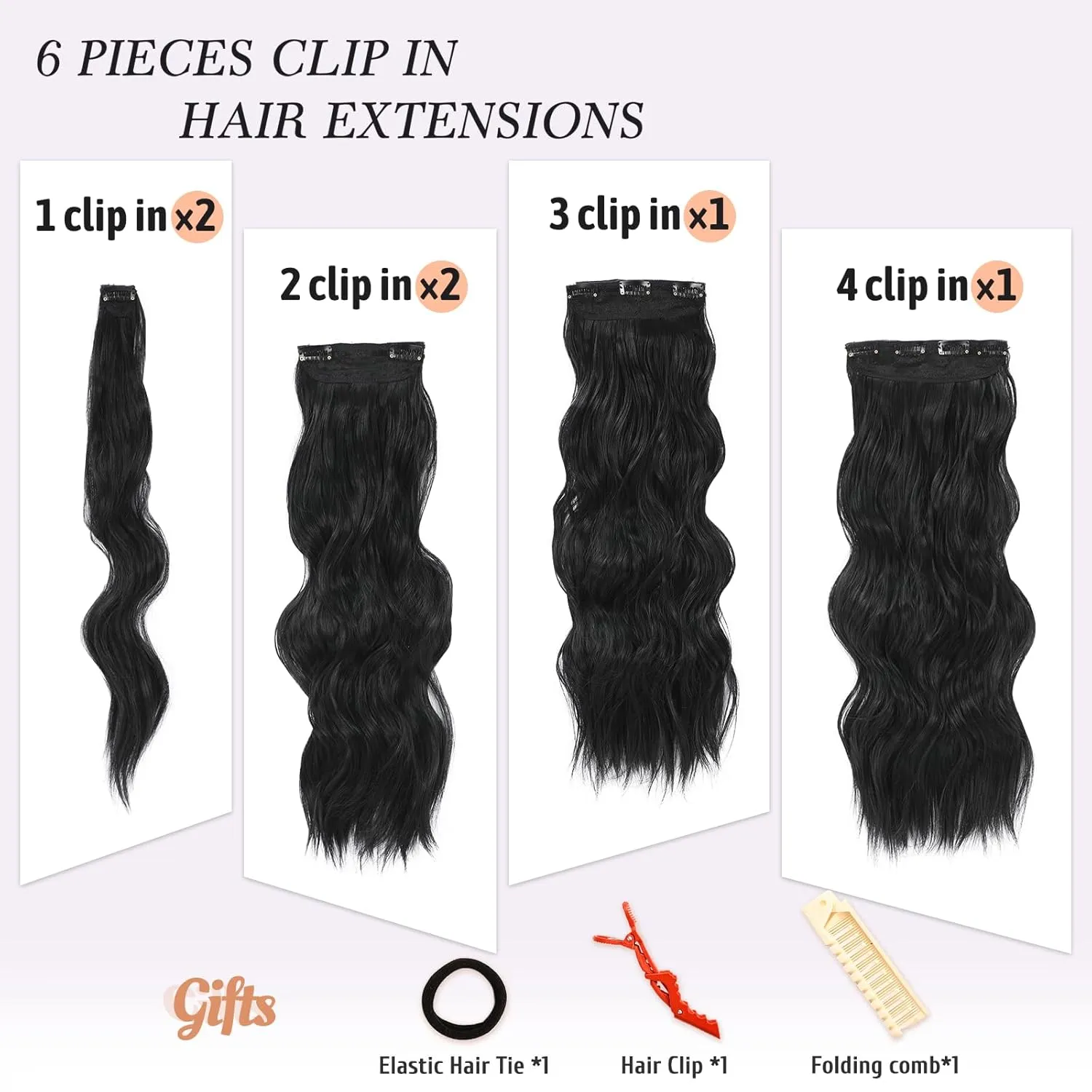 NAYOO Clip in Hair Extensions for Women 20 Inch Long Wavy Curly Natural Black Hairpieces Full Head Synthetic Hair Hairpieces(6PCS,Natural Black)