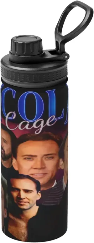 Nicolas Actors Cage Sports Water Bottle 18oz Stainless Insulated Water Bottles Leak Proof Hot and Cold Flask Travel Cup for Hiking & Biking