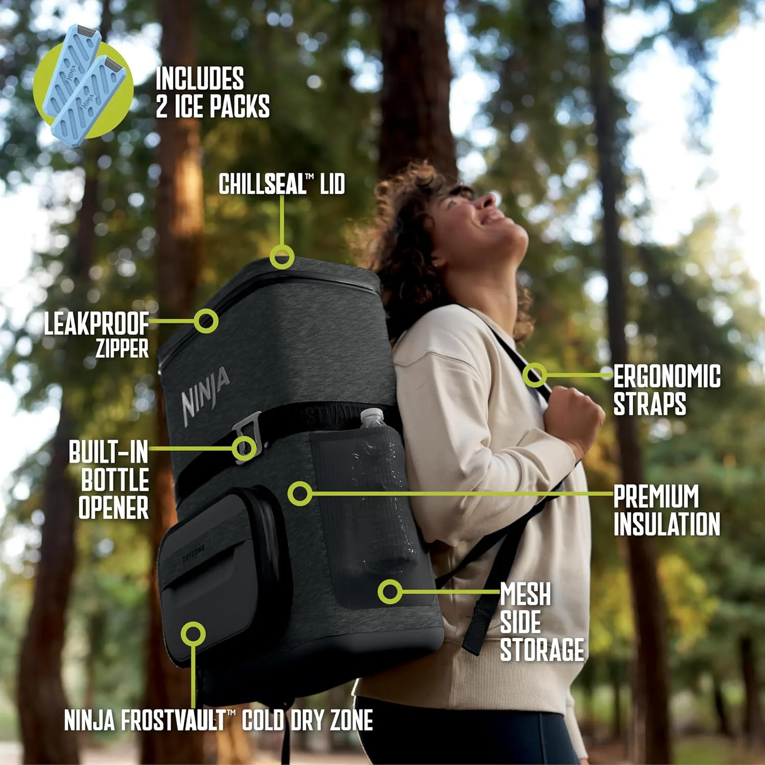 Ninja FrostVault Go 24-Can Backpack Soft Cooler with Cold Dry-Zone Storage