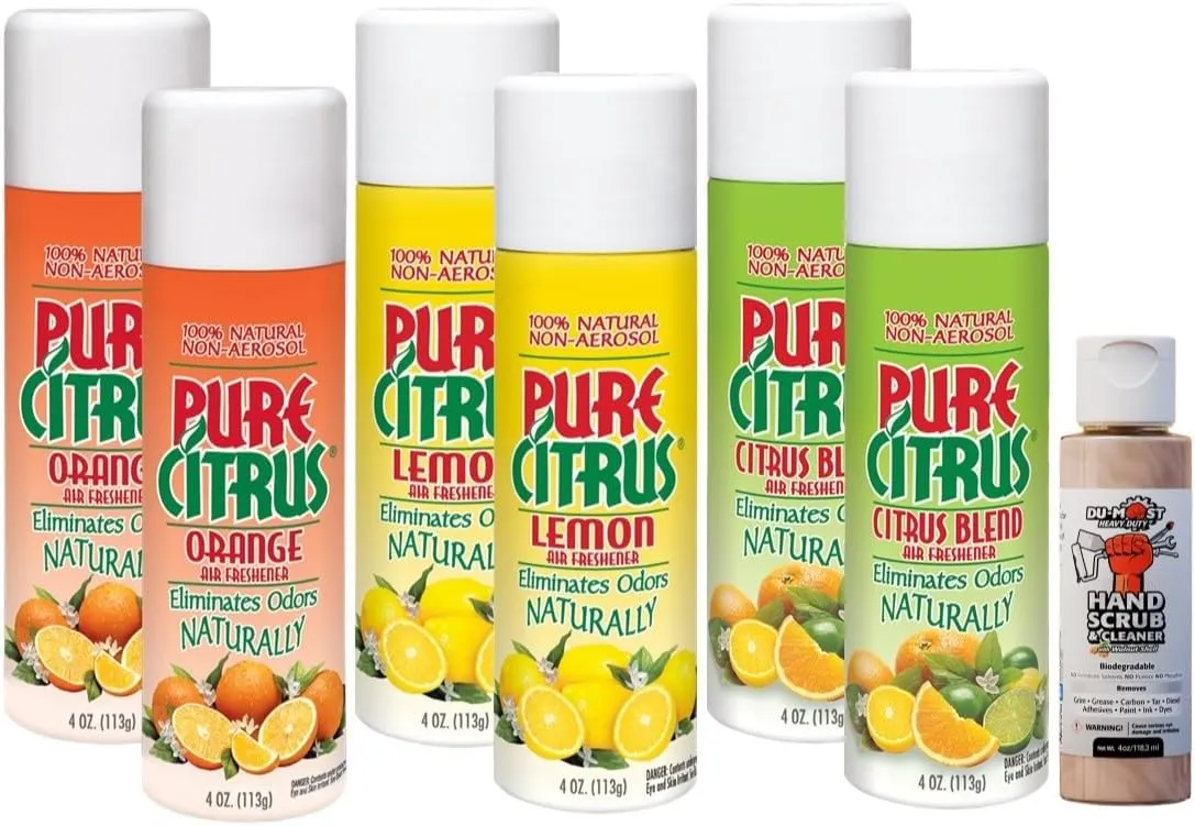 Non-Aerosol Air Freshener Spray, 4 oz (Orange, Lemon & Citrus Blend), 2 Packs Each Bundled with 1 Pack DU-MOST Walnut Hand Scrub Travel Size, 4 oz