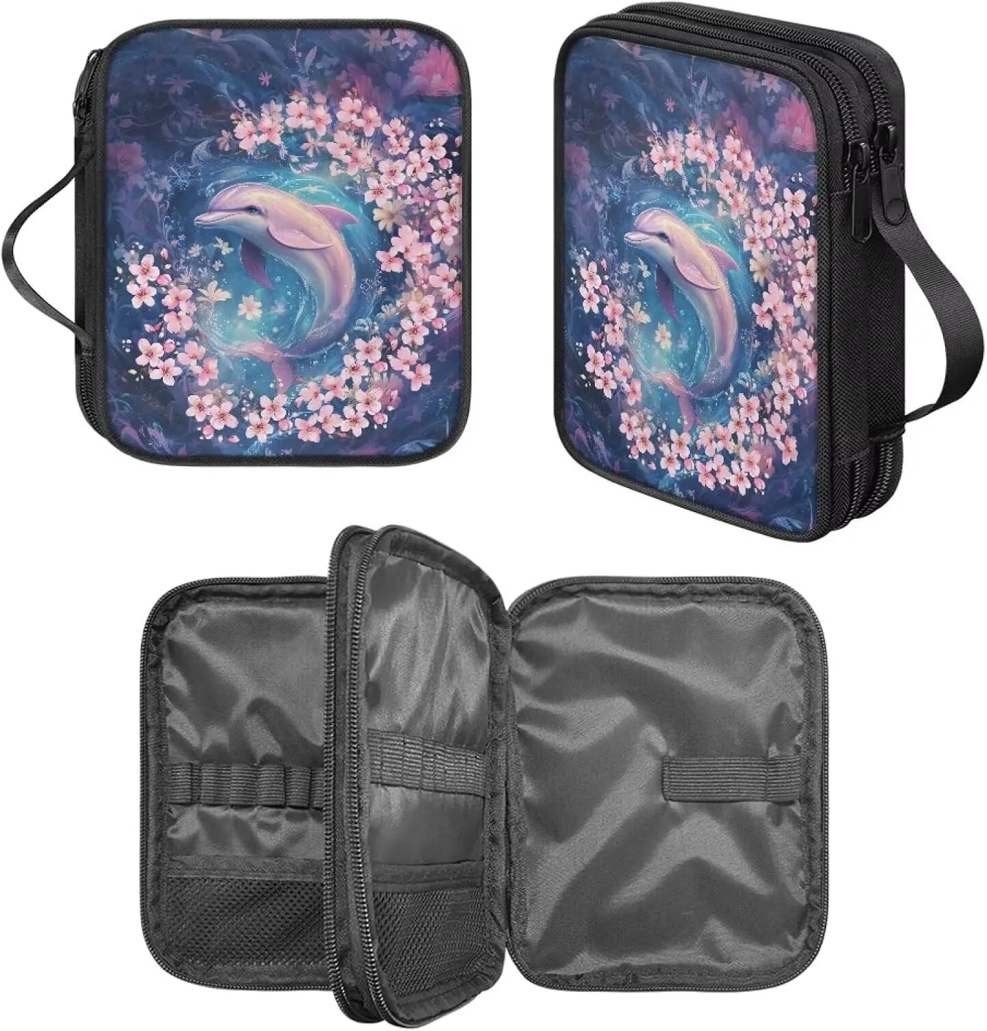 Noprintge Crochet Hook Case Knitting Needles Storage Organizer Travel Bag Holder with Convenient Handle Without Hooks and Accessories, Lightweight, Easy to Hold, Pink Dolphin Print