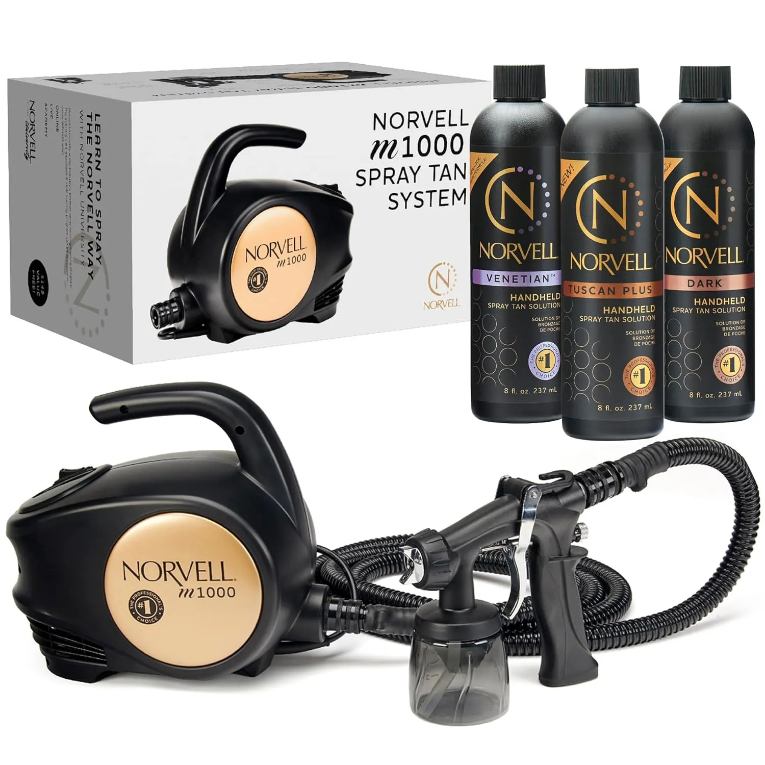 Norvell Sunless Kit - M1000 Mobile HVLP Spray Tan Airbrush Machine   8 oz Tanning Solutions in 'Tuscan Plus', Venetian and Dark   Norvell Training Program
