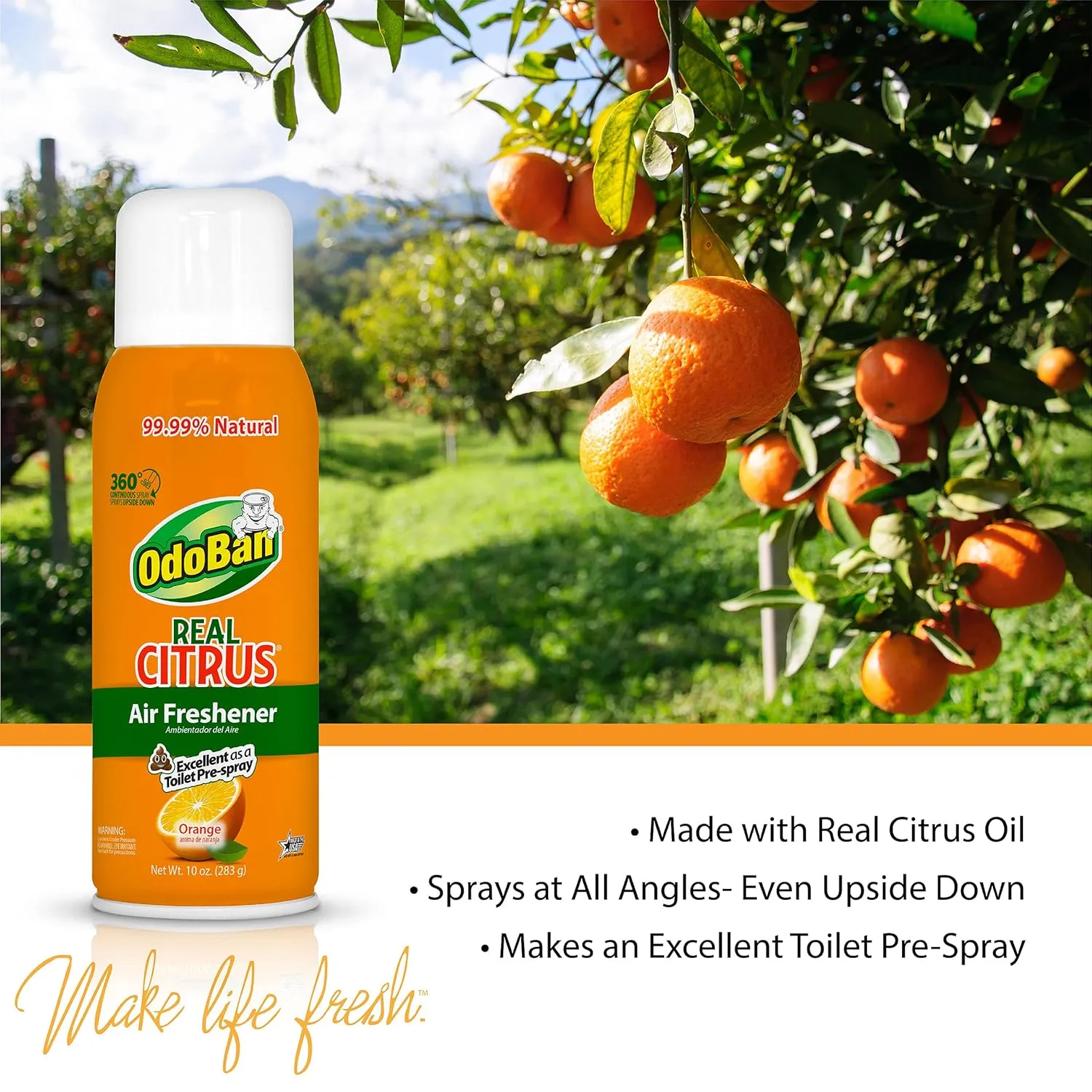 OdoBan Aroma Eliminator Set, 10 Ounce Toilet Spray 360-Degree Continuous Spray Natural Oil Real Citrus Orange Air Freshener and 14 Ounce Solid Scent Absorber