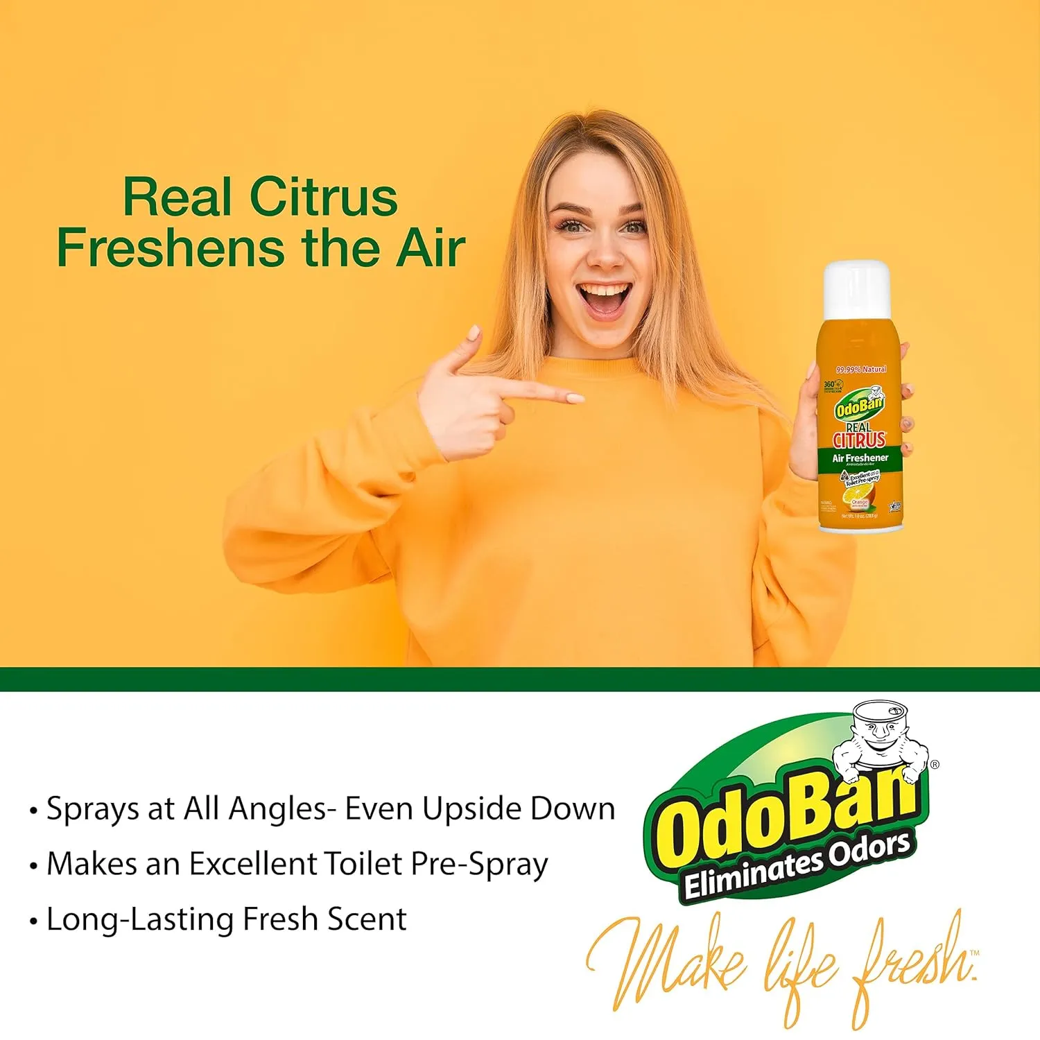 OdoBan Aroma Eliminator Set, 10 Ounce Toilet Spray 360-Degree Continuous Spray Natural Oil Real Citrus Orange Air Freshener and 14 Ounce Solid Scent Absorber