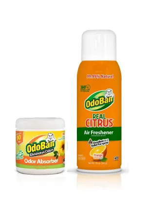 OdoBan Aroma Eliminator Set, 10 Ounce Toilet Spray 360-Degree Continuous Spray Natural Oil Real Citrus Orange Air Freshener and 14 Ounce Solid Scent Absorber