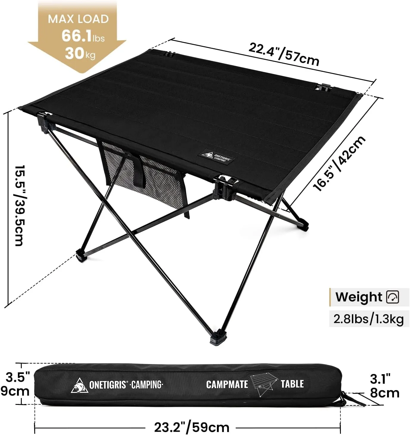 ONETIGRIS CAMPMATE Camping Table, Lightweight Folding Table Sturdy & Quick Setup, Holds Up to 66 lbs, Perfect for Camping, Hiking, Backpacking, Picnic, Beach, Travel