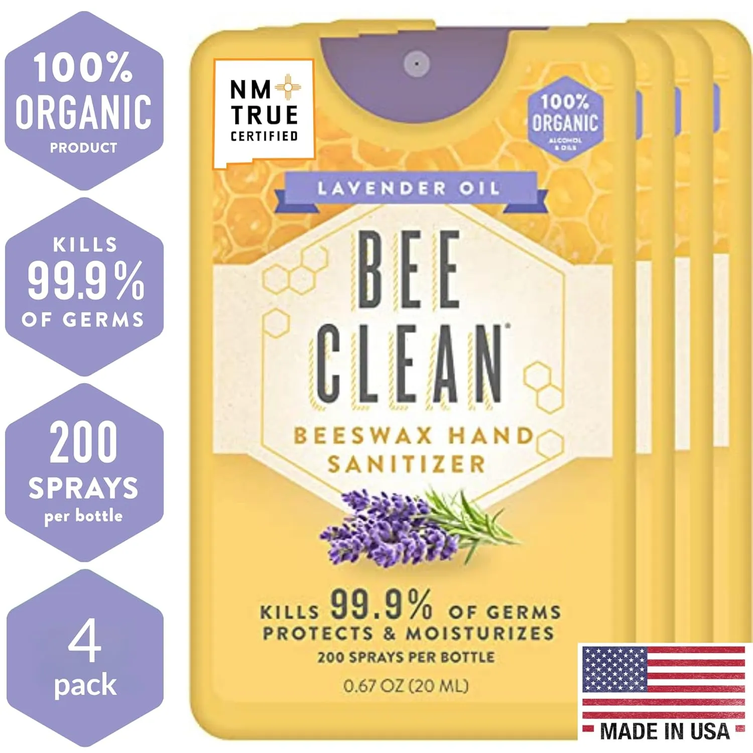 Organic Beeswax Hand Sanitizer Pocket Spray - Lavender Scent - 4 Pack