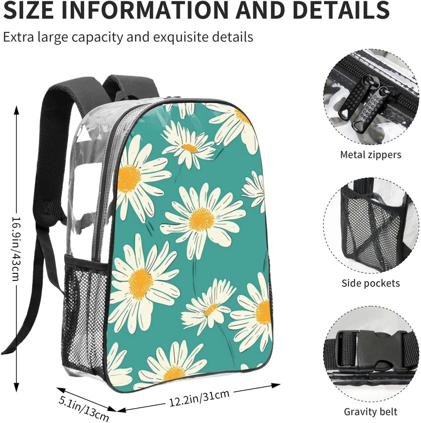 OSAM SPACE Teal Daisy Clear Backpack for Stadium Events Heavy Duty PVC Transparent Backpack See Through Bag Large Capacity Clear Backpacks for Women Men (16Inch)
