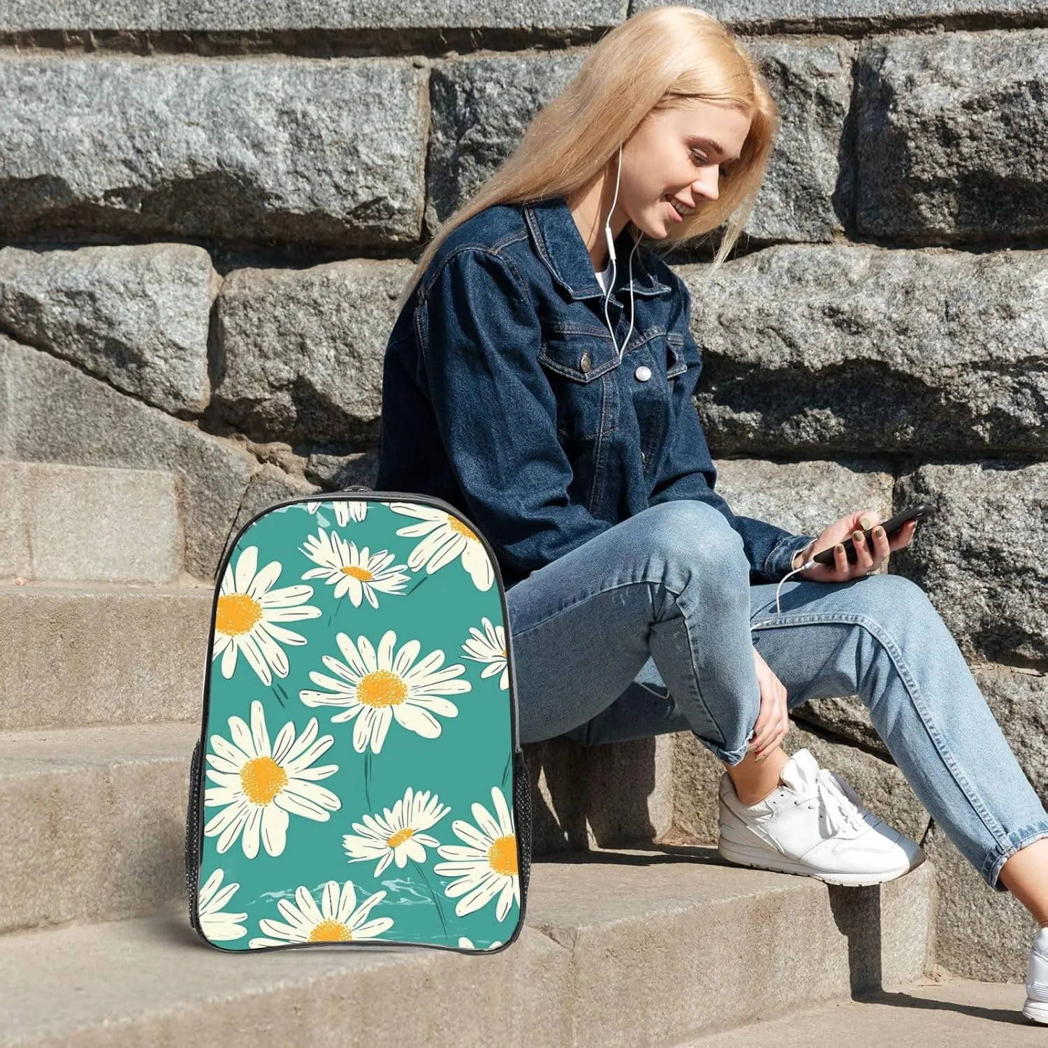OSAM SPACE Teal Daisy Clear Backpack for Stadium Events Heavy Duty PVC Transparent Backpack See Through Bag Large Capacity Clear Backpacks for Women Men (16Inch)