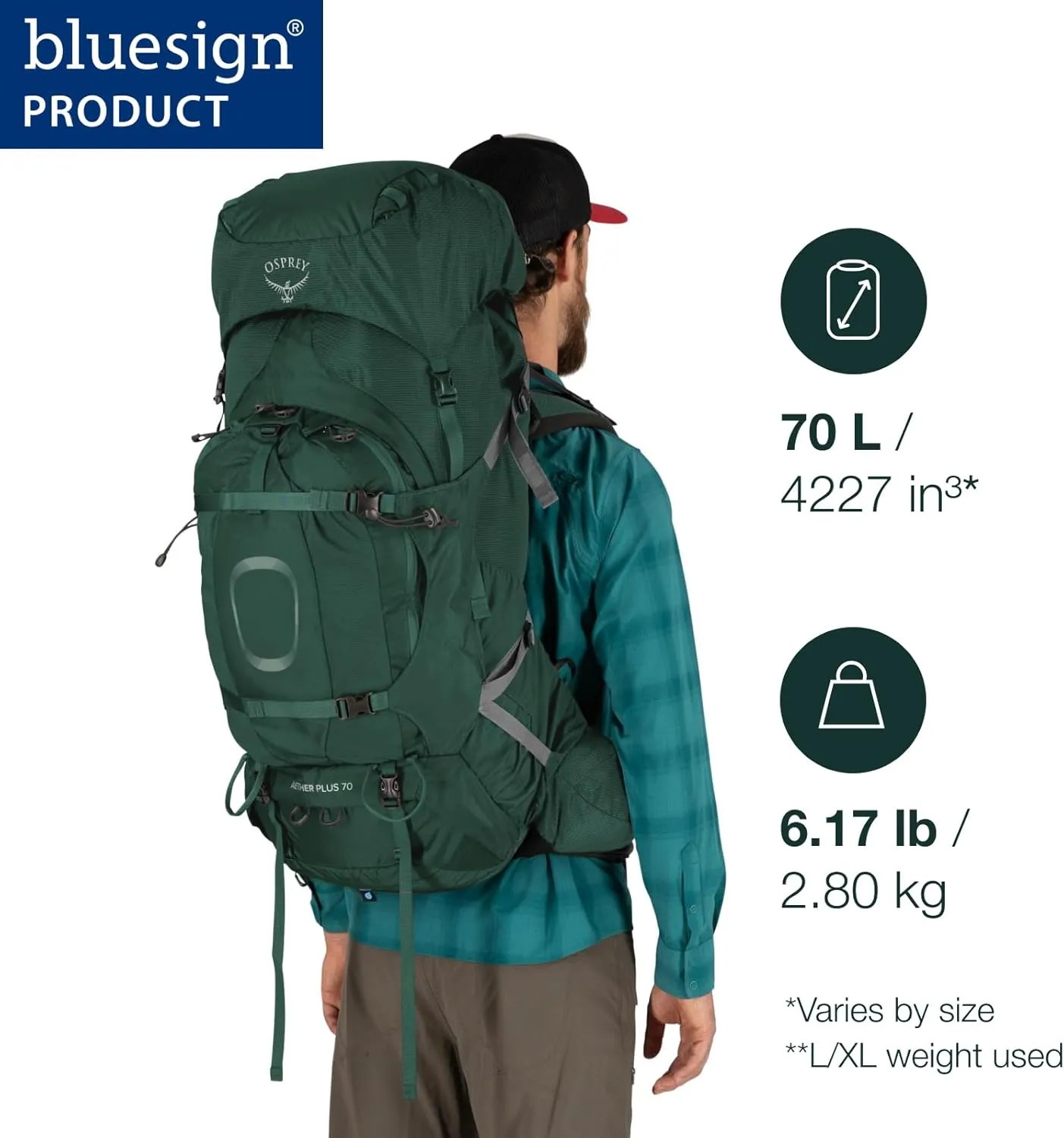 Osprey Aether Plus 70L Men's Backpacking Backpack, Eclipse Grey, L/XL