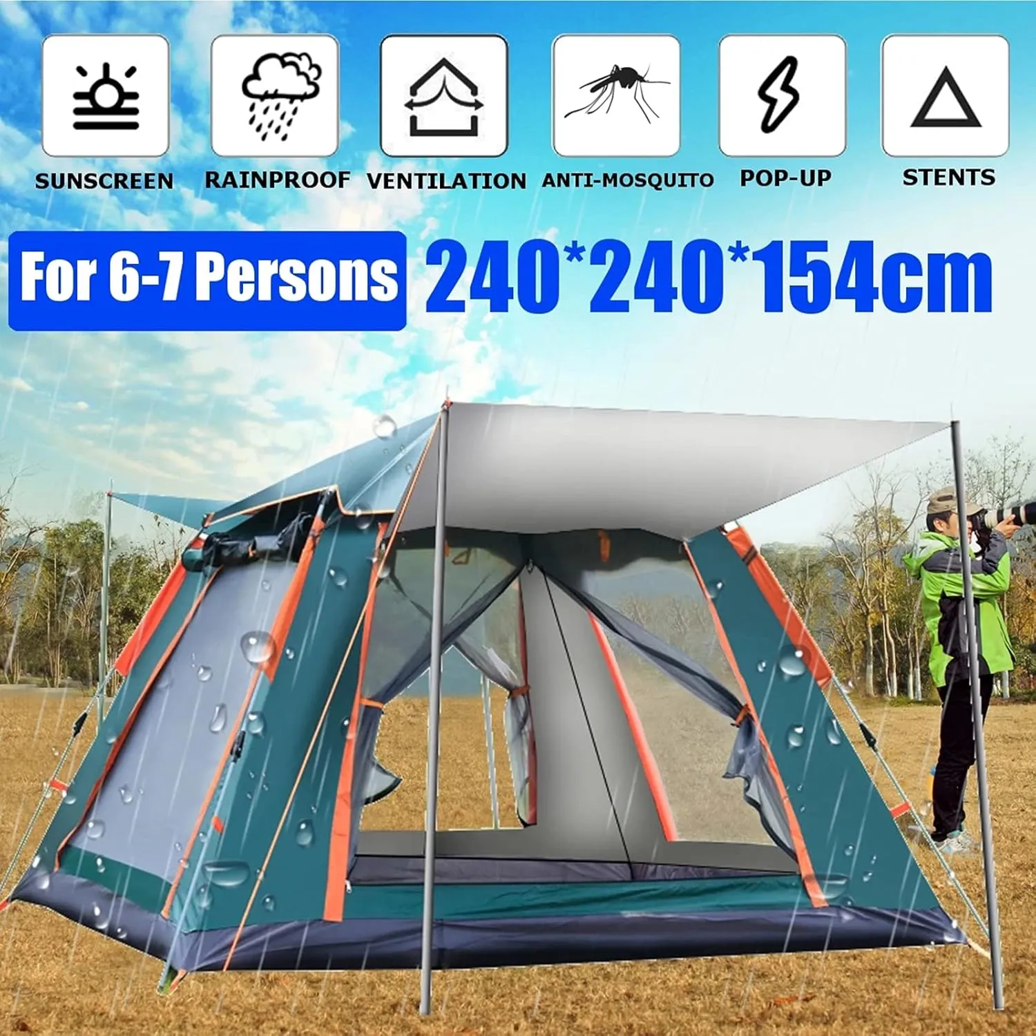 Outdoor Automatic Quick Open Camping Tent 6-7 People Windproof Waterproof Pops-Up Beach Tent Portable Family Instant Setup Spring Tent Hiking Tents