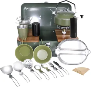 Outdoor Camping Pour Over Coffee Maker Set with Cookware Set Green, 17 Pieces