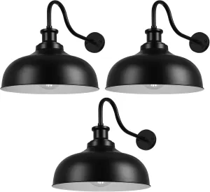 Outdoor Gooseneck Barn Light,16 Inch Dome Outdoor Wall Sconce Farmhouse Exterior Wall Mount Light Vintage Wall Lighting Fixture Industrial Black Wall Lantern for Porch, Entryway, Garage, 3 Pack