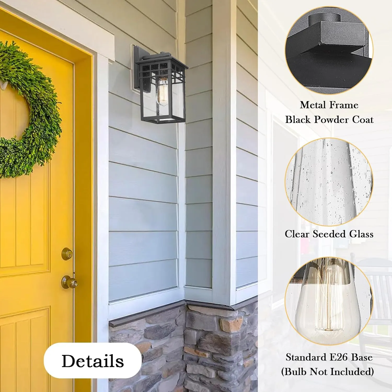 Outdoor Light Fixture Wall Mount, Modern Exterior Lights Fixture Wall Sconces with Seeded Glass for Front Porch, Farmhouse Waterproof Black Carriage Lantern Lamp Outside for Home, Garage, 2 Pack