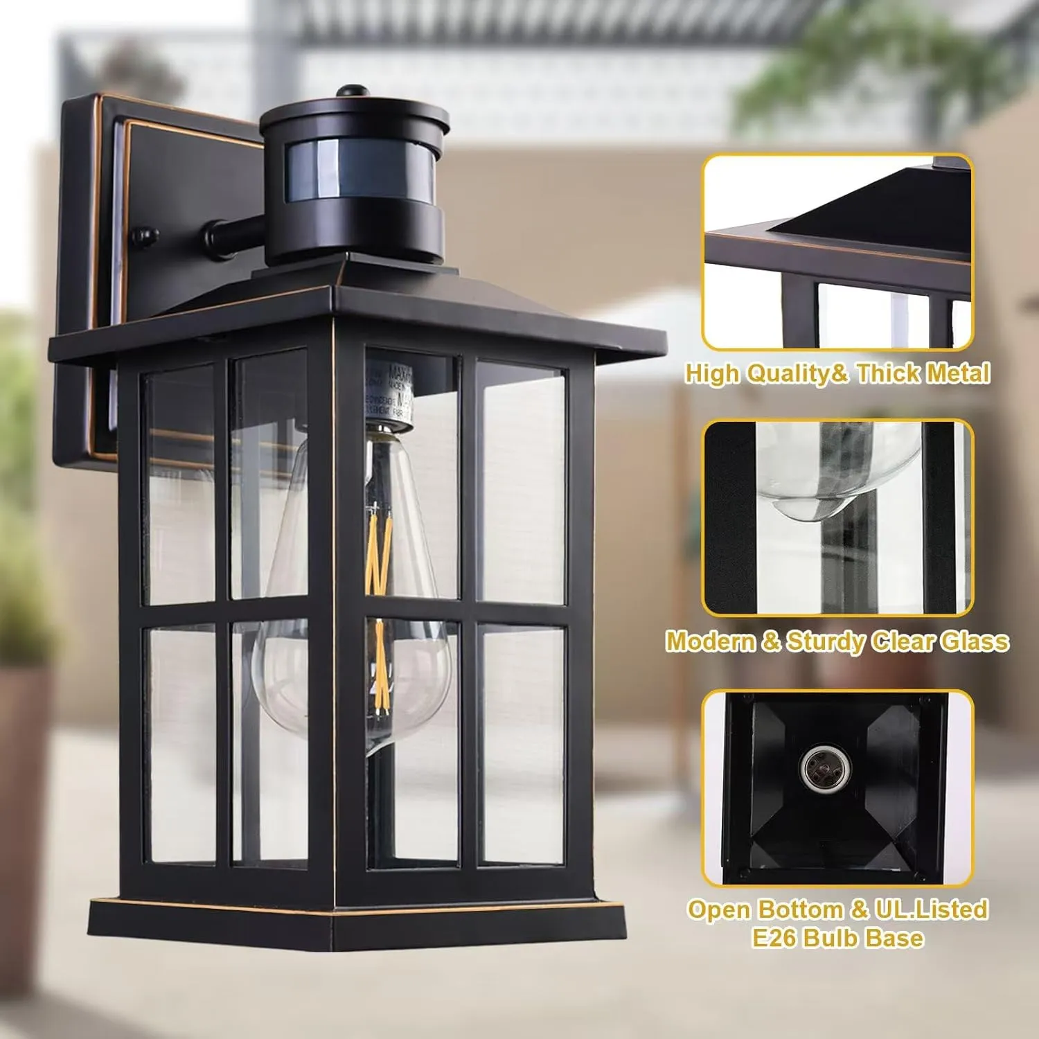 Outdoor Motion Sensor Light, Black Exterior Wall Lighting Fixtures,Dusk to Dawn Motion Sensor Outdoor Lights, Waterproof Front Porch Light Lantern for Garage, Patio. (Black, 1 Pack)