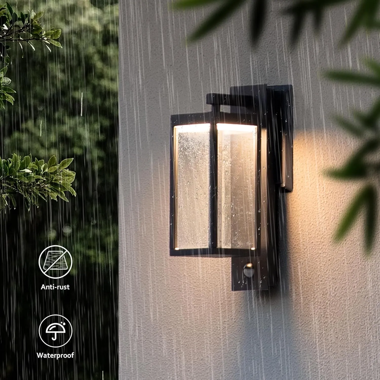 Outdoor Motion Sensor Wall Light 15in Modern LED Exterior Light Fixture for House Black IP54 Waterproof Sconce with Clear Glass Lantern for Garage Porch Patio,3000K