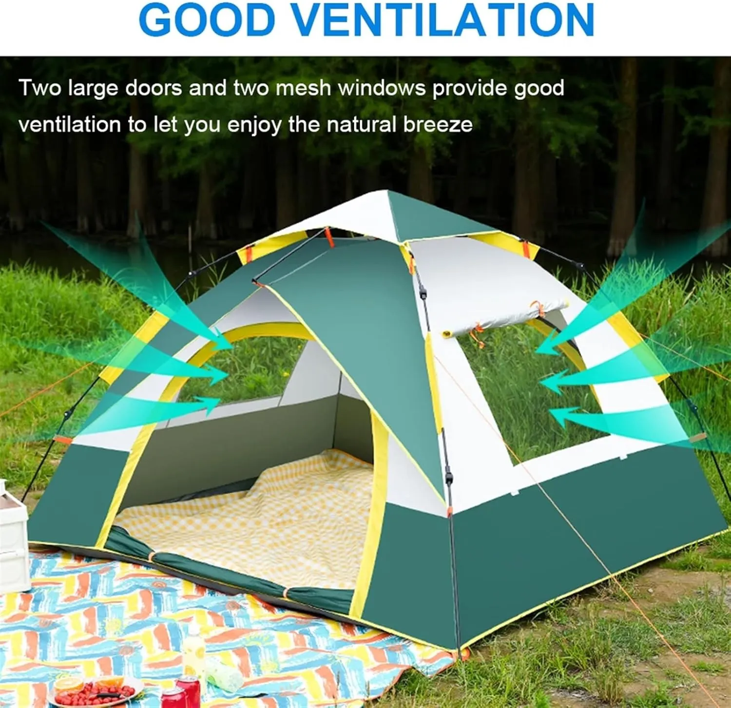Outdoor Pop Up Tent Double Layer Strength Fiberglass Pole Waterproof Windproof Camping Tent Compatible with 1-4 Person Hiking Fishing Beach (Blue for 1 2 Person One Size)