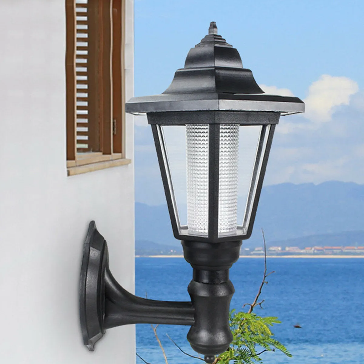 Outdoor Solar Powered Hexagon Shape Wall-Mount LED Lantern Light Garden Lawn Waterproof Wall Lamp