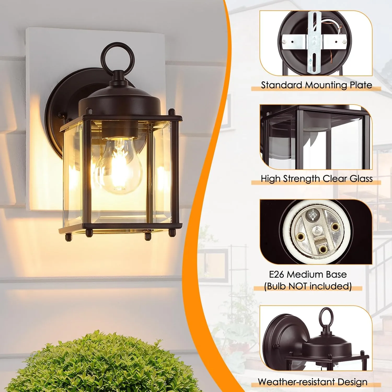 Outdoor Wall Lantern, Exterior Dark Chocolate Waterproof Wall Sconce Lighting Fixture, Front Door Wall Lamp with Clear Beveled Glass, 2 Pack